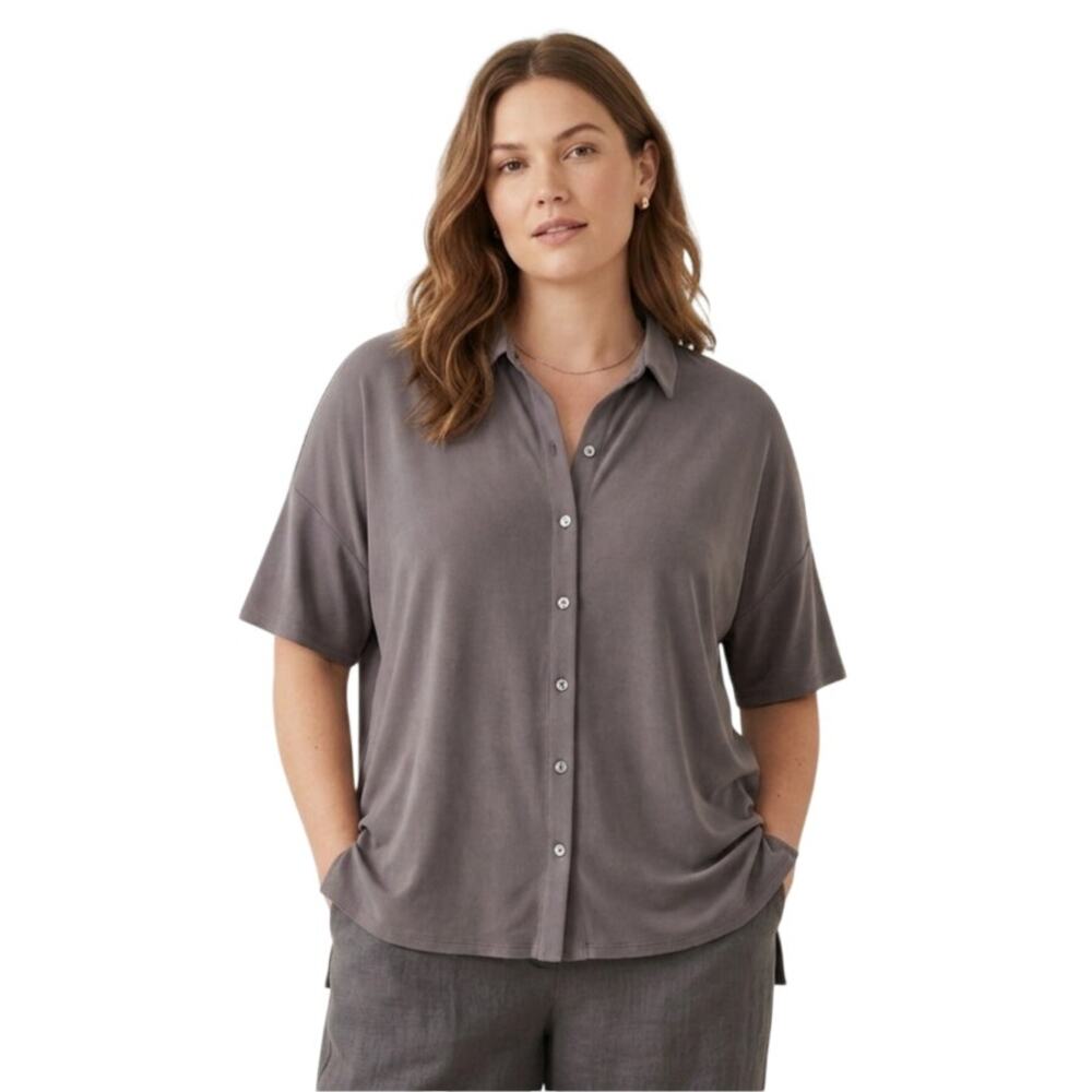 Eileen Fisher Sueded Cupro Knit Button Down Shirt Lagenlook Minimalist Fluid XL